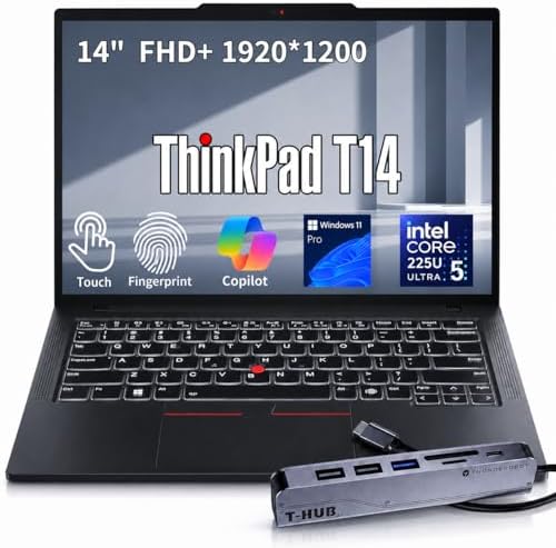 Lenovo ThinkPad T14 Business AI Laptop, 14" FHD+ Touchscreen, Intel Core Ultra 5 225U, 16GB DDR5, 512GB SSD, Fingerprint, Backlit Keyboard, 5MP Webcam, Wi-Fi 6E, HDMI, Windows 11 Pro, w/Hub Bundle