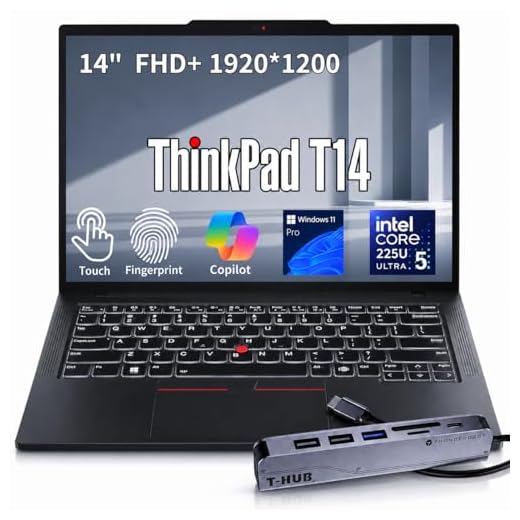 Lenovo ThinkPad T14 Business AI Laptop, 14" FHD+ Touchscreen, Intel Core Ultra 5 225U, 16GB DDR5, 512GB SSD, Fingerprint, Backlit Keyboard, 5MP Webcam, Wi-Fi 6E, HDMI, Windows 11 Pro, w/Hub Bundle