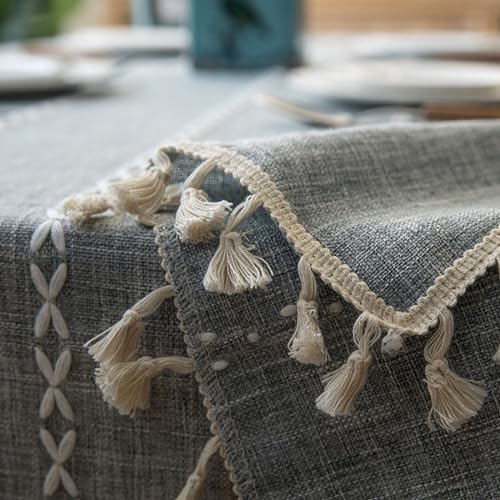 Nappe carrée 90x90cm grise en polyester antitache brodée avec franges pour table de cuisine