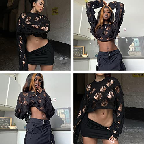 Ypser Women's Y2K Patchwork Crochet Shrug Sweater Open Front Long Sleeve Knitted Bolero Top3