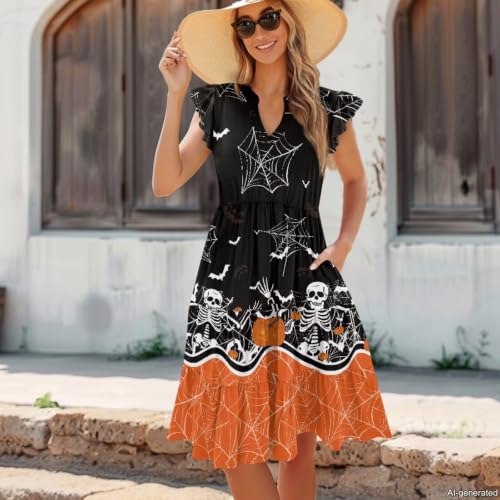 Image of Womens Summer Dress Ruffle Sleeve V Neck Dress Casual Fit Flowy Beach Vacation Sundress with Pocket S-2XL