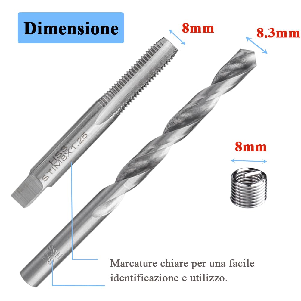 Kit Riparazione Filettature M8 X 1,25 Mm - 30 Pezzi In Acciaio Inox Per Auto E Moto - 5