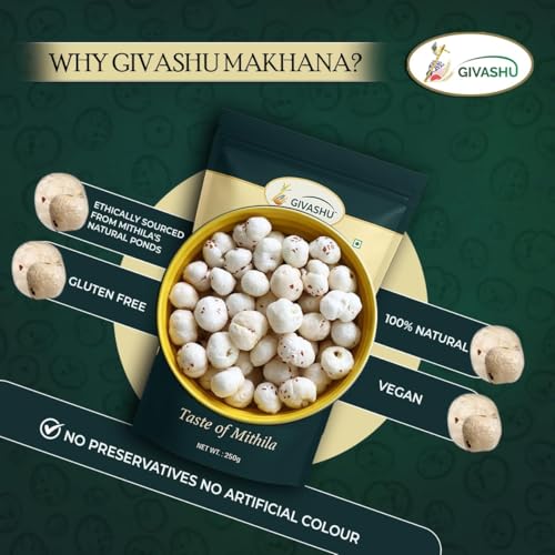 Image of 250 gm GIVASHU Authentic Mithila Unpolished Hand-Picked Phool Makhana | 100% Natural & Gluten-Free Foxnuts | High Protein & Fiber, Low Calorie Weight Loss Superfood