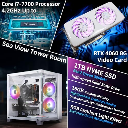 Image of Prebuilt Gaming PC Desktop Computer,Core i7 7700 Desktop,Operating at A Frequency of 3.6-4.2 GHz,RTX 4060 Graphics Card with 8GB GDDR6 Video Memory,16GB RAM, 1TB NVME SSD,WiFi 5.0,RGB Fan x4