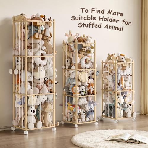 Image of EXPERLAM Stuffed Animal Storage Zoo with Wheels, Montessori-Inspired Solid Pine Wood Plush Toy Organizer, Tall Stuffed Animal Holder with Thick Elastic Cords for Kids Room, Nursery,and Bedroom,Large