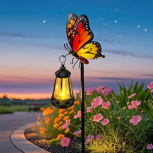 ZFNN Solar Garden Decor Lights Outdoor Waterproof Metal Butterfly Stakes with Solar Lanterns Solar Garden Lights for Decorative Yard Art Outside Patio Lawn Ornaments Gifts for Women Mom