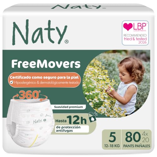 Naty FreeMovers Pañales Braguita, Talla 5 (12–18kg), 80 unidades