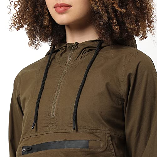 Image of Campus Sutra Women's Olive Green Solid Utility Jacket With Cuffed Sleeves For Casual Wear | Hooded Neck | Long Sleeve | Zipper Closure | Cotton Jacket Crafted With Comfort Fit For Everyday Wear