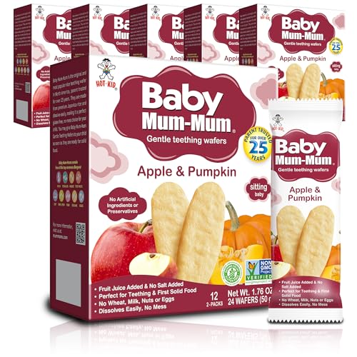 Hot-Kid Baby Mum-Mum Rice Rusks, Apple & Pumpkin, 24 Pieces (Pack of 6) Gluten Free, Allergen Free, Non-GMO, Rice Teether Cookie for Teething Infants