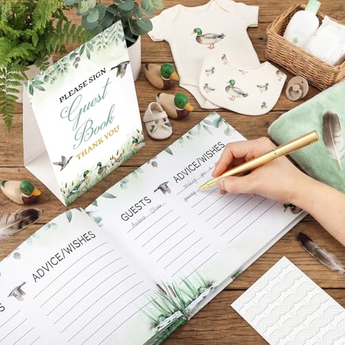 Image of Fuyoooo 27 Pcs Mallard Duck Baby Shower Guest Book Set Baby Shower Sign in Guest Duck a Little Hunter is on the Way Book Place Table Cards with Gold Pen Adhesive Photo Corner for Birthday Party