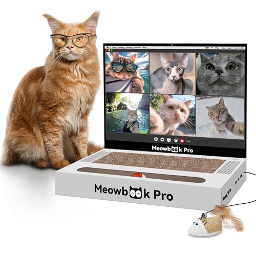 Cat Scratcher Laptop Cat Toy with Mouse Jingle Ball Stickers 3-in-1 Cardboard Cat Interactive Toy Kitten Cardboard Scratching Pad