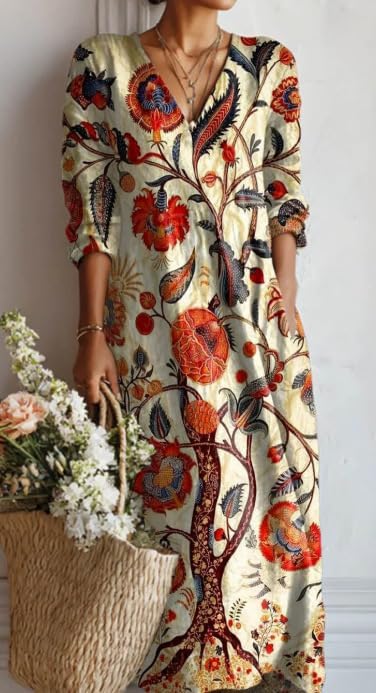 Womens Boho Maxi Dress V Neck Long Sleeve Flowy Dress with Pockets Casual Summer Dresses for Daily & Holidays - Image 2