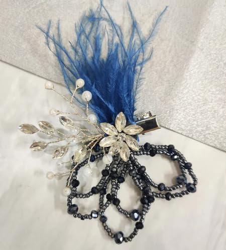 Elegant Crystal Flower Hair Clip with Blue Feather Accent, Beaded Design, Silver Leaf Details (Blue)