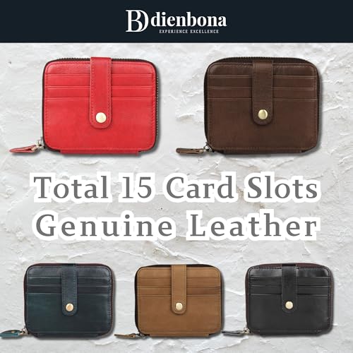 13 Card Slots Genuine Leather Minimalist Zipper Accordion Purse, Slim Multi Pockets Zip Around Wallet with Key Ring Strap, Compact Card Organizer with Key Ring Strap (Cherry Red)3