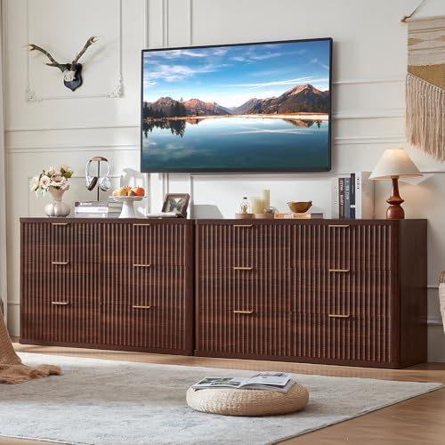 Image of LEYAOYAO Fluted 6 Drawers Dresser Set of 2, 48 inch Wide Modern Chest of Drawers with Metal Handle, Walnut Curved Profile Dresser TV Stand, Wooden Drawer Organizer for Bedroom, Living Room, Hallway