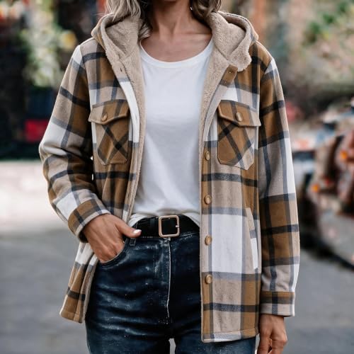 fartey Plaid Fleece Jacket Women Hooded Flannel Button Shacket with Pockets - image 2