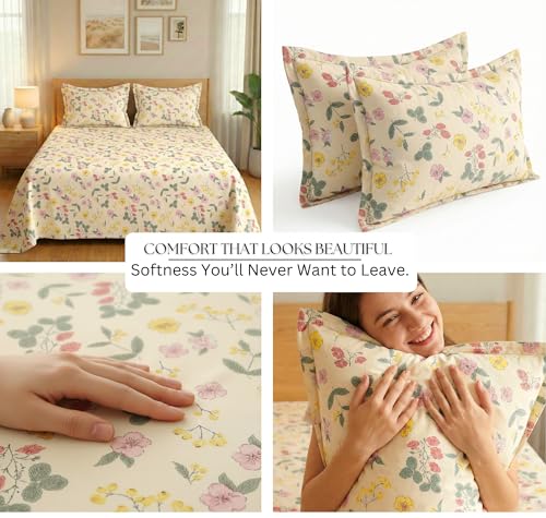 Image of VAS COLLECTIONS 300 TC Premium Cotton Bedsheet Set Double Bed | Soft Breathable Flat Sheet with 2 Pillow Covers | Luxury Printed Bedding | Elegant Durable Bed Linen 230x254 cm (Spring Ivory)