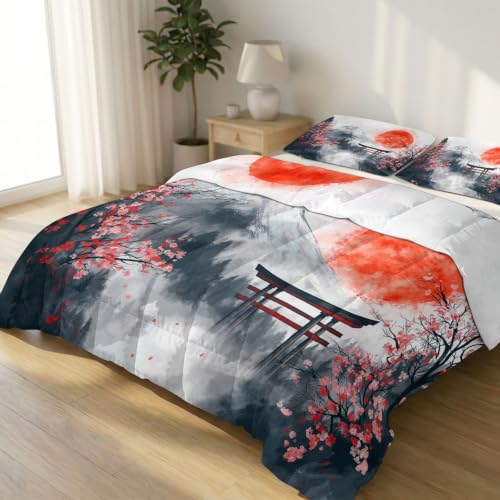 Edredón de verano blanco Super King, reversible, ligero, estilo japonés, montañas rojas, niebla solar, agradable al tacto, ropa de cama para niños y adultos, lavable a máquina
