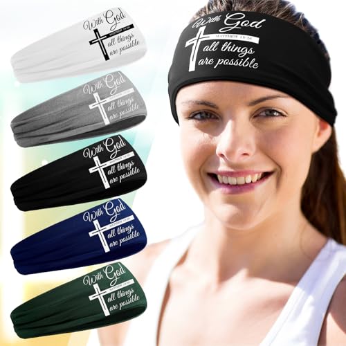 Image of 5 Pcs Christian Athletic Headbands Gifts Cross Headband for Men Women Bible Verse Workout Religious Stretchy Sweat Bands