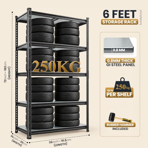 Image of JD FRESH 5 Tier Multipurpose Metal Storage Rack /GI Steel Shelf Boltless Rack with Stiffener /72x36x15 inch Adjustable Standing Shelves Unit /175kg Load Per Shelf /Storage Rack for Shop /Warehouse (Black)