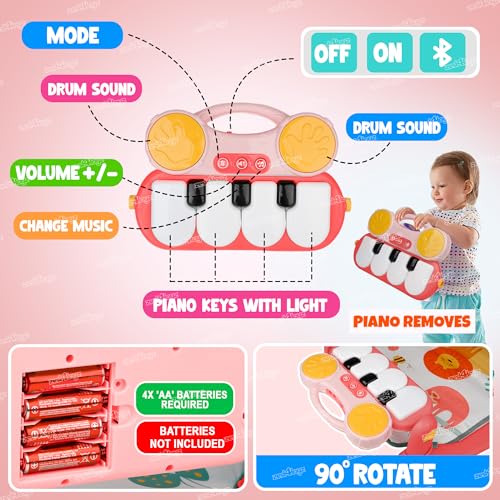 Image of Zest 4 Toyz Bluetooth Baby Play Mat for Babies Play Gym Floor Mat for Kids with Hanging Rattles Lights & Bluetooth Piano Keyboard Kick and Play Bed Piano for New Born Baby Gifts (Pink)