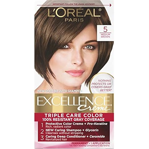 L'Oreal Paris Excellence Creme Permanent Triple Care Hair Color, 5 Medium Brown, Gray Coverage For Up to 8 Weeks, All Hair Types, Pack of 1 Cover