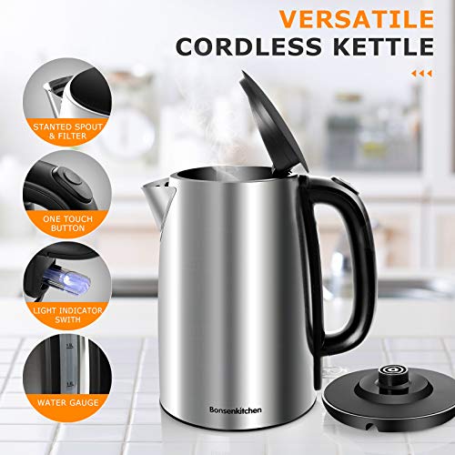 Bonsenkitchen Wasserkocher Edelstahl 1,7 L, 2200W Elektrischer Wasserkessel mit Kalkfilter, Edelstahlkessel Auto-off… – Bild 3