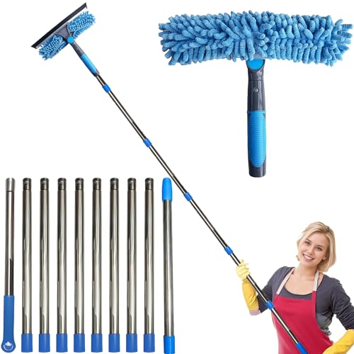 Image of 20+ Feet Reach 2 in 1 Window Washing Squeegee & Duster with 3-14 ft Spliceable Extension Pole / / Window Cleaning Tool & Window Washer Squeegee for Home Indoor Outdoor Window Washing (Blue)