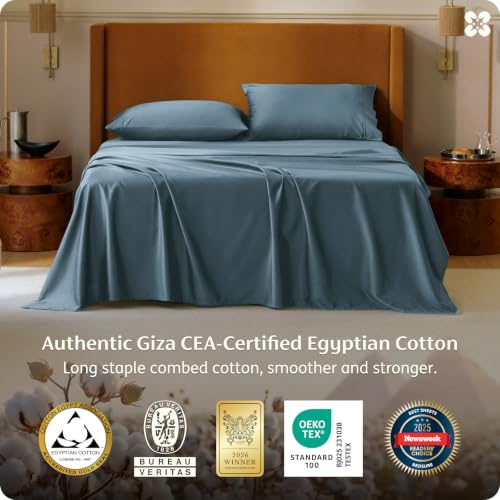 Image of Bedsure PureWoven 100% Giza Egyptian Cotton Queen Sheet, CEA & BV Certified | 18 inch Deep Pocket Sateen Sheet with Corner Straps, Durable & All-Season Breathable, Hotel Luxury, Oeko-Tex, Giftable,Dusty Blue
