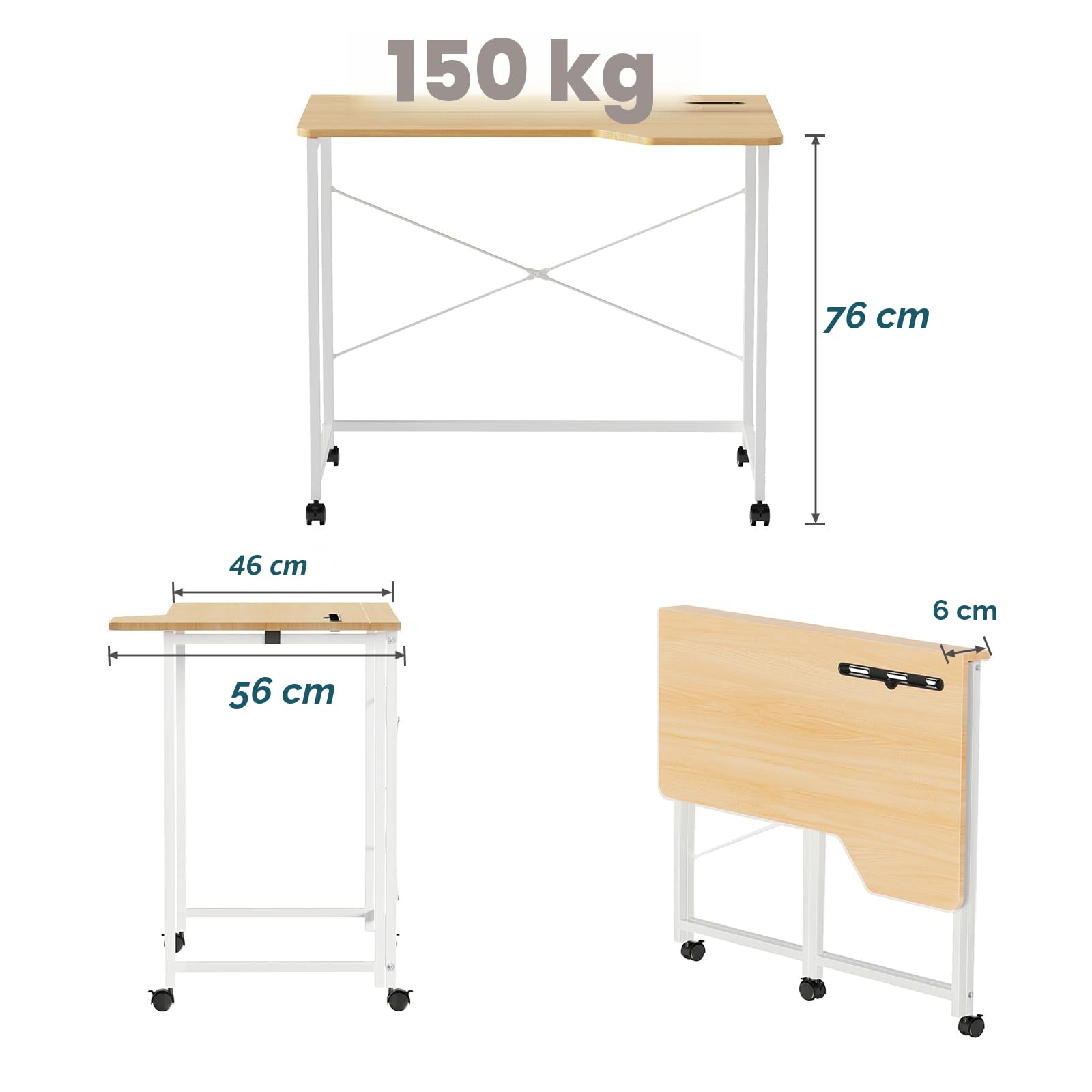 Escritorio Plegable con Ruedas, Mesa Plegable para Ordenador con Ranura para Tableta, Escritorio de Ordenador Giratorio 360, Mesa de Oficina de Madera (Madera, 90 x 56 x 74 cm)