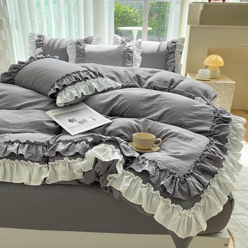 Ropa de cama Shabby Chic de 3 piezas, juego de funda de edredón vintage con volantes y 2 capas de volantes, juego de microfibra cepillada suave con cierre de cremallera, juego de funda de edredón