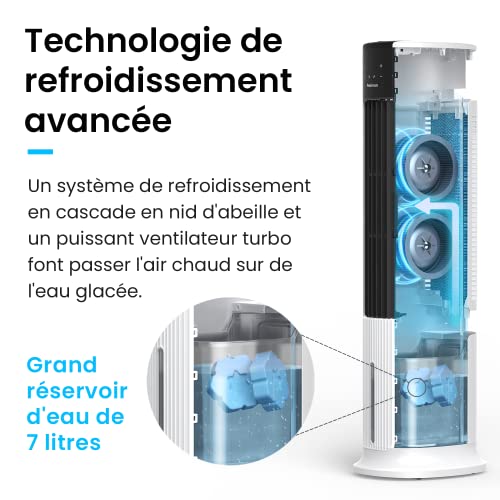 Pro Breeze Rafraîchisseur d’Air Colonne 3 en 1, 7L avec 7 Vitesses, 3 modes de fonctionnement, Oscillant, Affichage numérique, Minuterie de 10h - Refroidisseur par évaporation & ventilateur Tour