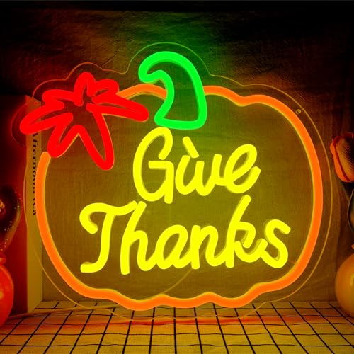 Image of Thanksgiving Neon Sign Pumpkin Neon Signs Dimmable Fall Neon Sign for Wall USB Power Give Thanks Sign for Home Bar Salon Window Porch Front Door Thanksgiving Decorations
