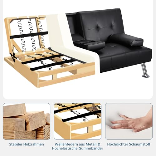 Yaheetech 3er-Sofa Schlafsofa Couch mit Tassenhalter Gästebett, Rückenlehne neigbar 105°/140°/180°, 167 x 81,5 x 75 cm, 350 KG belastbar, schwarz Kunstleder