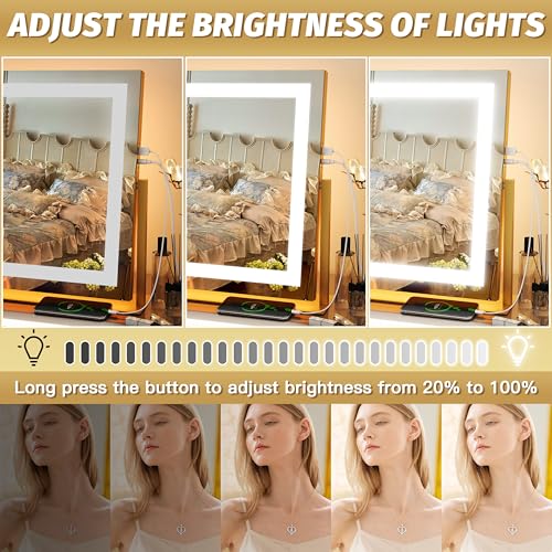 FENNIO Vanity Mirror with Lights 22''x18'' Makeup Mirror with Lights,Lighted Makeup Mirror with 10X Magnification and USB,Smart Touch Screen with 3-Color Lighting,Dimmable(Square Gold)