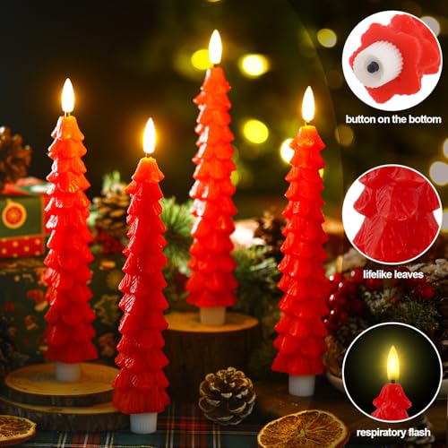 Image of Funtery 6 Pcs LED Christmas Tree Flameless Taper Candles Real Wax Battery Operated Candlestick Lights with 3D Flame and Remote Timer Window Fireplace(Red,Christmas Tree)