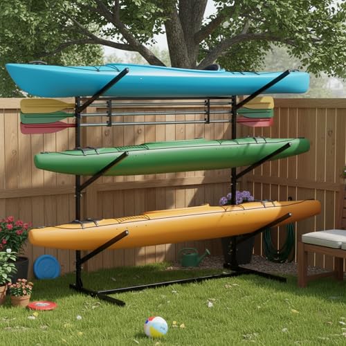 Image of LCAOPC Kayak Storage Rack, Freestanding Kayak Stand for Garage, Heavy Duty Indoor Outdoor Storage Rack for Kayaks, Canoes, Surfboard & Paddleboard, Black