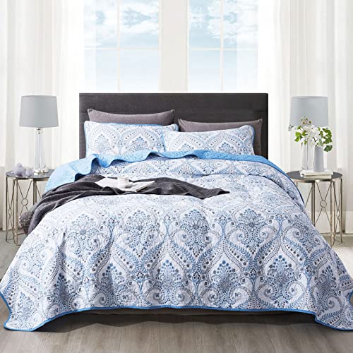 NEWLAKE Cotton Bedspread Quilt Sets - Reversible Patchwork Coverlet Set, Blue Classic Royal Pattern, California King Size