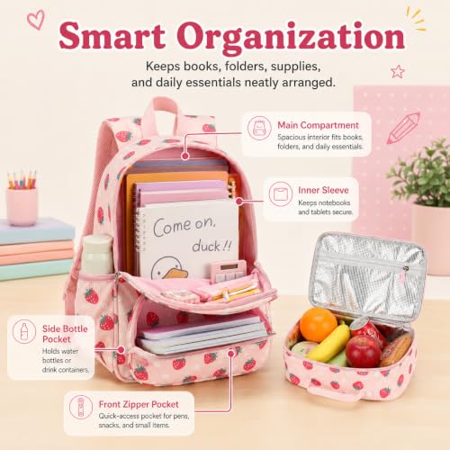 Image of LOIDOU Kids Backpack with Lunch Box Set, Toddler Preschool Boy Backpack with Chest Strap Kindergarten Backpack LunchBox Combo (Strawberry)