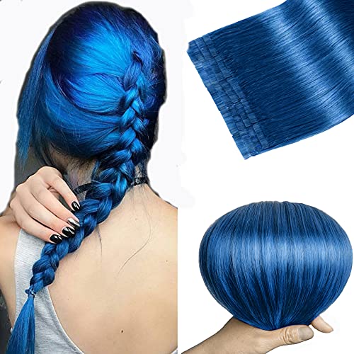 Tape in Hair Extensions Blue 100% Remy Human Hair Extensions Silky Straight for Fashion Women 20 Pcs/Package(22Inch #Blue 60g)