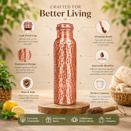 Image of 100% Pure Copper Water bottle 32 Oz with Cleaning brush, Hammered Design | Drink More Water, Lower Your Sugar Intake And Enjoy the Health Benefits Immediately (1 Brush +1Bottle)