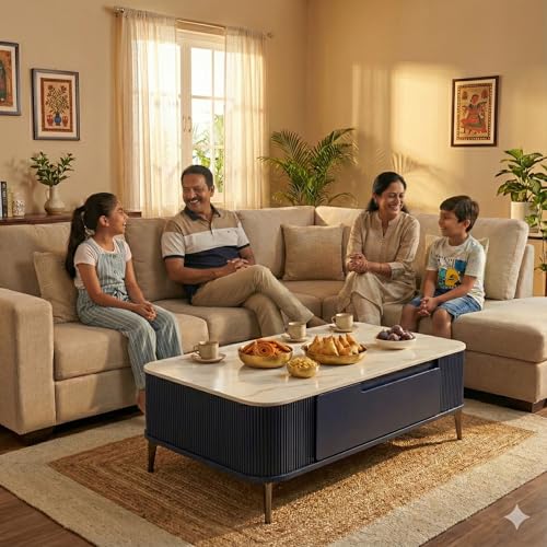 Image of DecorNation Valencia Faux Marble Coffee Table - Modern Center Table for Living Room, Metal Legs, Midnight Azure Finish | Living Room Furniture, Centre Table with Storage Drawer