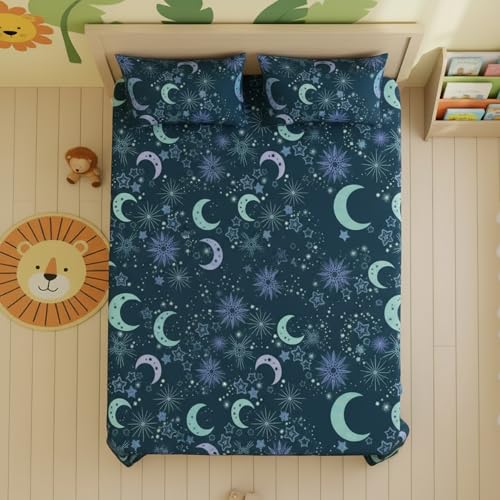 Image of Filymore Moon Star Kids Double Bed Sheet with 2 Pillow Covers 180 TC Soft Microfiber for Kid Room Bedcover Size (90 X 90) inches, Nevyblue and White
