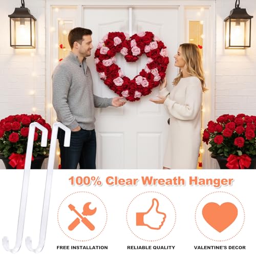 12" Clear Wreath-Hanger Non Scratch Over The Door Hooks,2 Pack Easter Halloween Christmas Decoration Welcome Sign for Front Doors Décor Inside Outside,Slim Hangers Organizer for Home