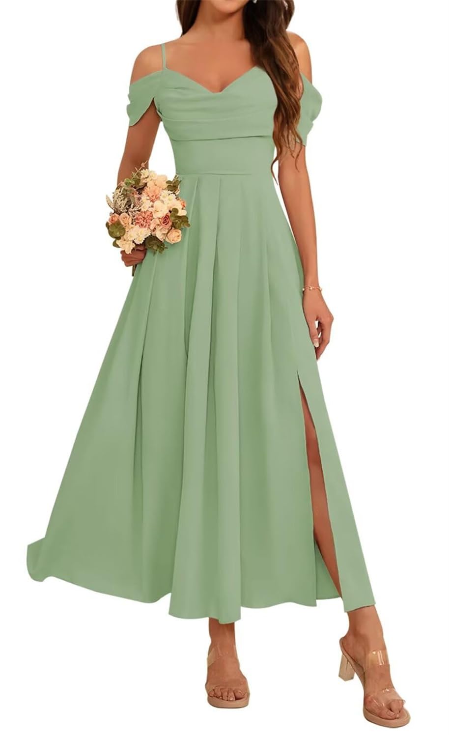 Hppee Women's Dusty Sage Cold Shoulder Bridesmaid Dresses For With Slit Sleeveless Chiffon Formal Dress Evening Gown Uk8