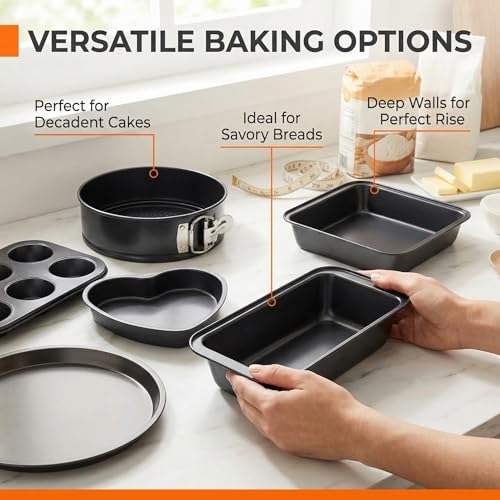 Image of PureBake 8-Piece Bakeware Set | Carbon Steel Non-Stick Cake Moulds for OTG, Microwave & Oven | Baking Tins Combo for Cake, Muffin, Bread | Dishwasher Safe Baking Set