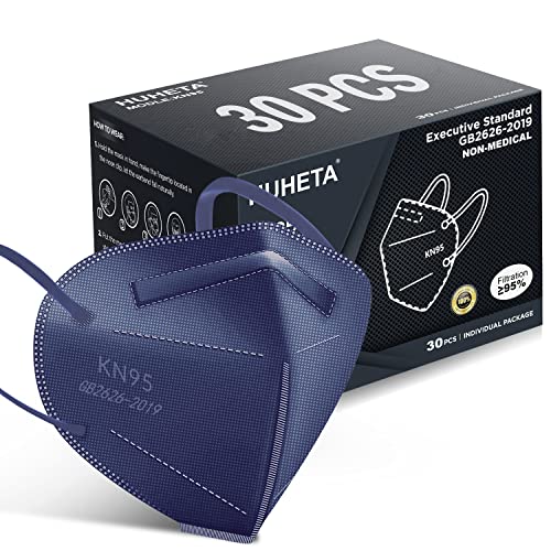 HUHETA KN95 Face Mask, 30 Pack Individually Wrapped, 5-Ply Breathable &amp; Comfortable Safety Mask, Filter Efficiency=95%, Protective Cup Dust Masks Against PM2.5 (Royal Blue Mask)