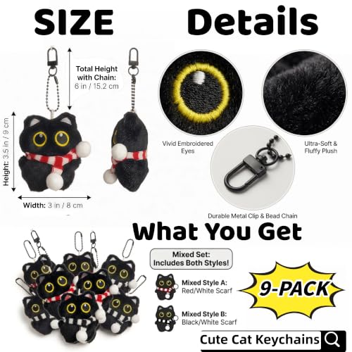 9-PACK Black Cat Plush Keychains Kawaii Keychain Bulk Purse Charm,Bag Charms,Cute Stuffed Cat Bulk for Birthday Carival Prizes,Goodies Bags Party Favors Classroom Prizes — view 2