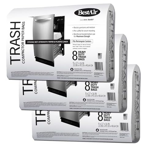 BestAir WMCK133508-3 Heavy Duty Trash Compactor Bags, 16'' D x 9'' W x 17'' H, 24 Count (Pack of 3), Brown Cover