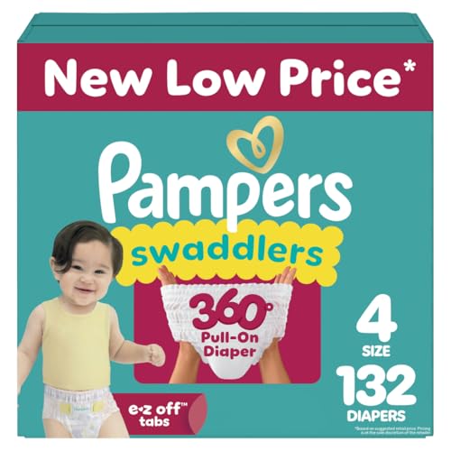 Pampers Diapers - Swaddlers 360° - Size 4, 132 Count, up to 100% Leakproof Comfy Dry Fit, Designed for Easy Changes, Pull On Baby Diaper (Packaging May Vary)